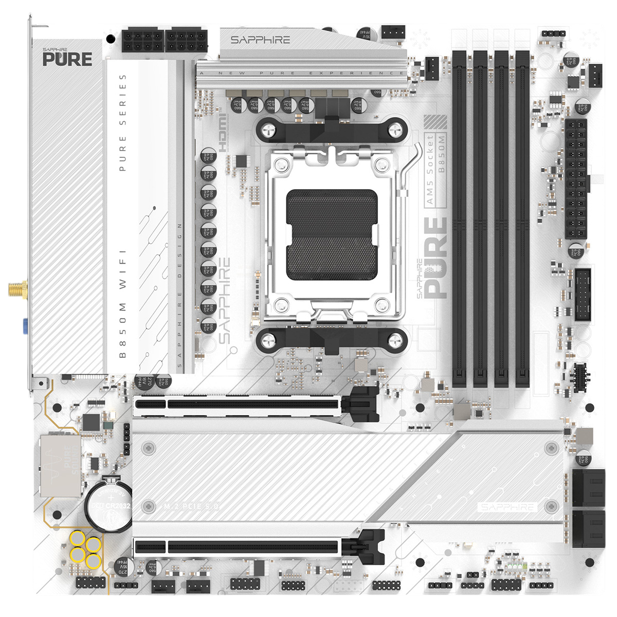 Sapphire B850M Pure Wifi материнская плата mATX AM5 вид сверху общий