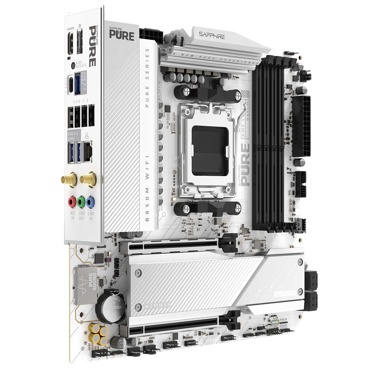 Sapphire B850M Pure Wifi слоты DDR5 и разъёмы M.2 крупный план