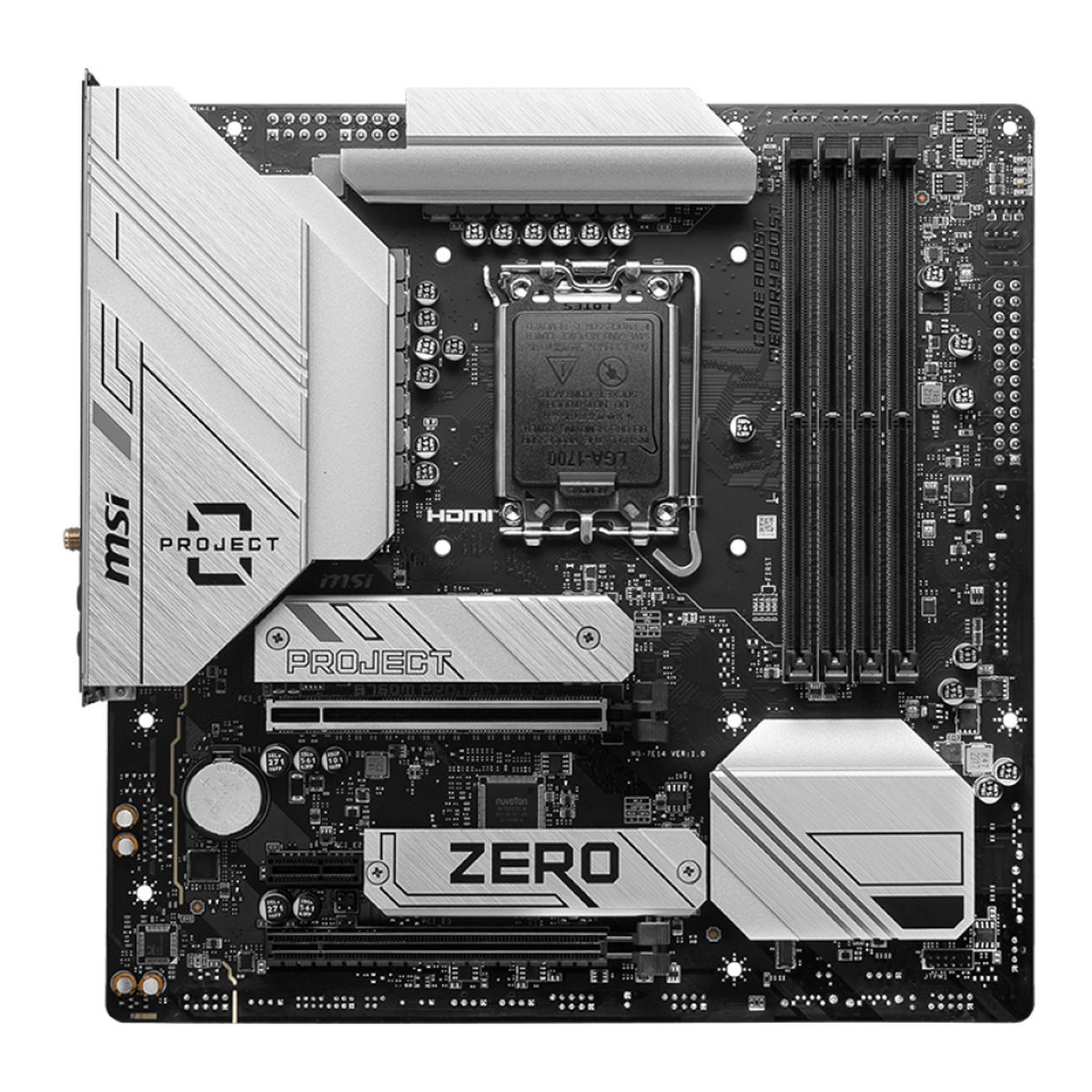 MSI B760M Project Zero вид сверху — сокет LGA1700, радиатор VRM, слоты DDR5 и разъём HDMI