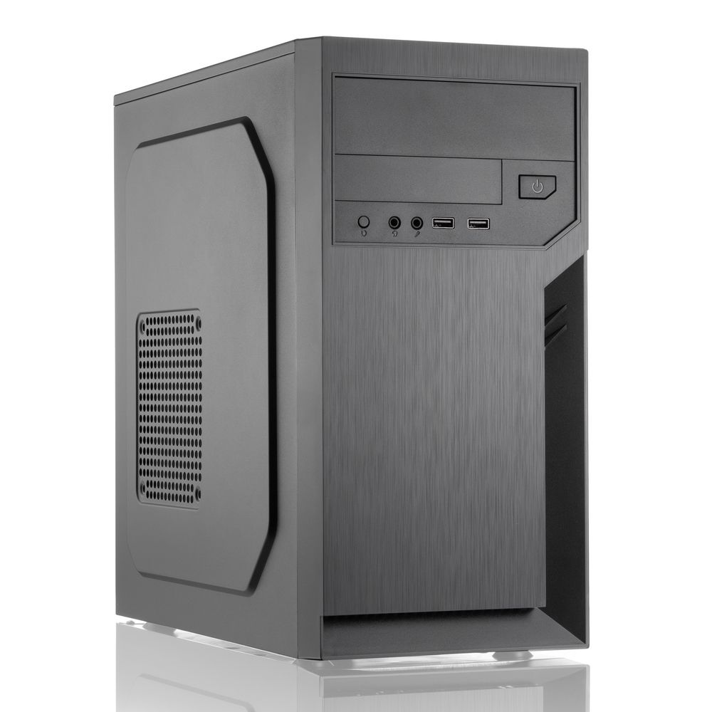 Foxline FL-702 корпус Mini-Tower вид спереди и сбоку с кнопкой питания и USB-портами