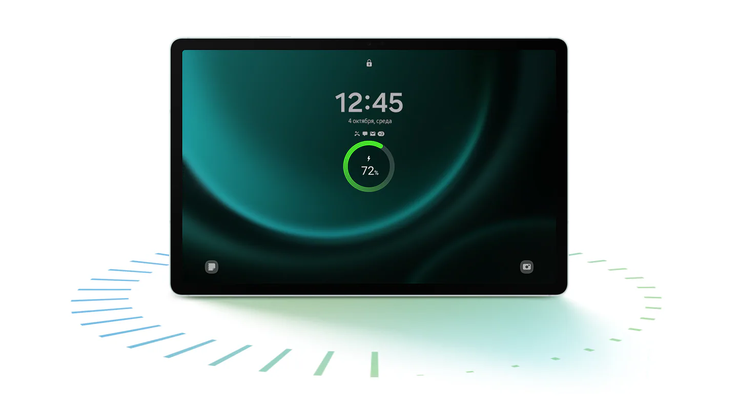 На экране блокировки Galaxy Tab S9&nbsp;FE+ в мятном цвете, показанного спереди в горизонтальном режиме, виден статус зарядки аккумулятора.