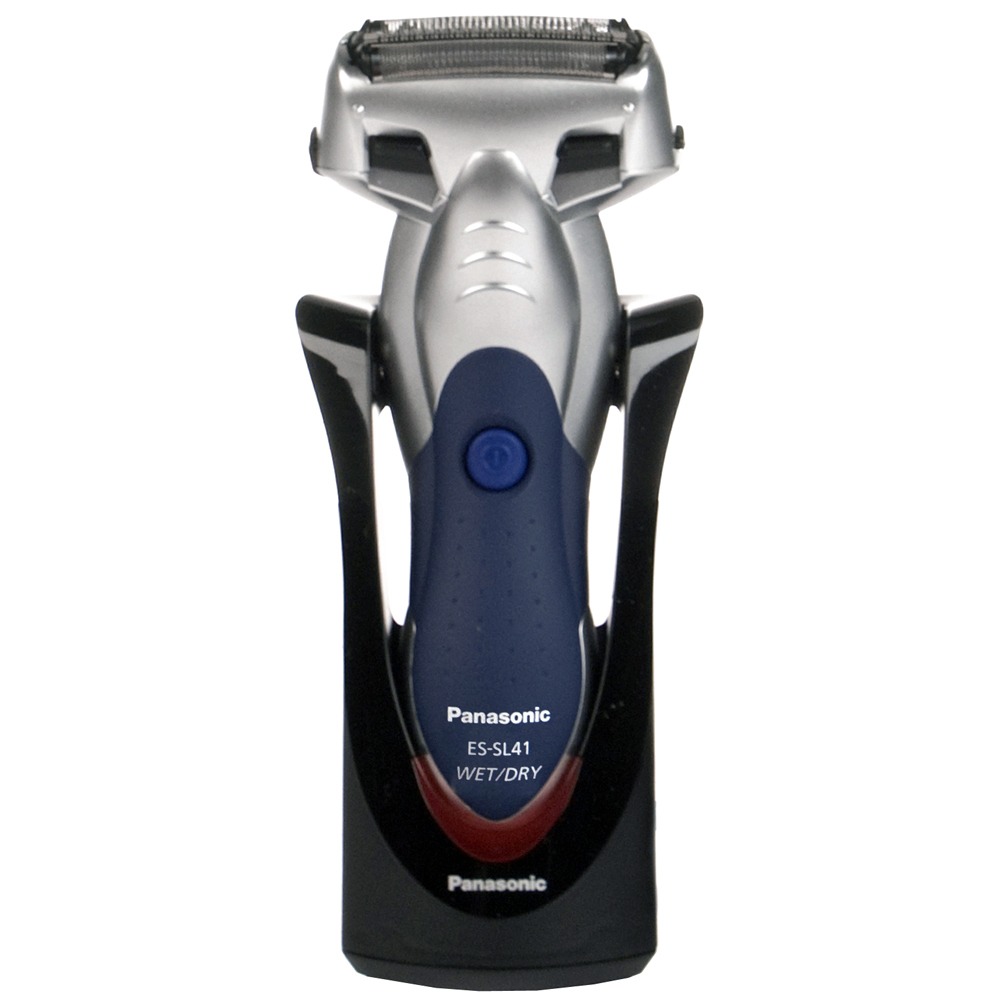 Panasonic ES-SL41 фронтальный вид с закрытой головкой на зарядной подставке, серебристо-синий корпус