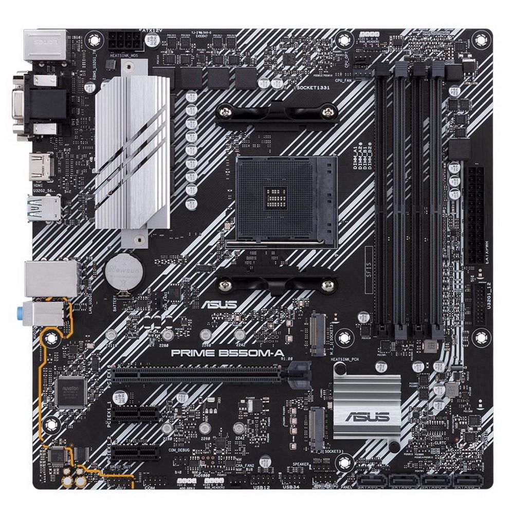 ASUS Prime B550M-A вид сверху — сокет AM4, слоты DDR4, разъёмы M.2 и радиаторы VRM