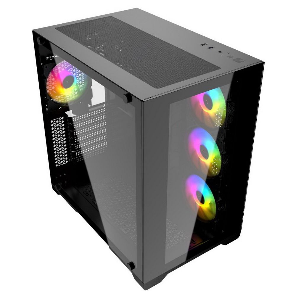 Powercase Vision Micro CVBM-L4 — вид спереди с тремя RGB-вентиляторами на фронтальной стеклянной панели