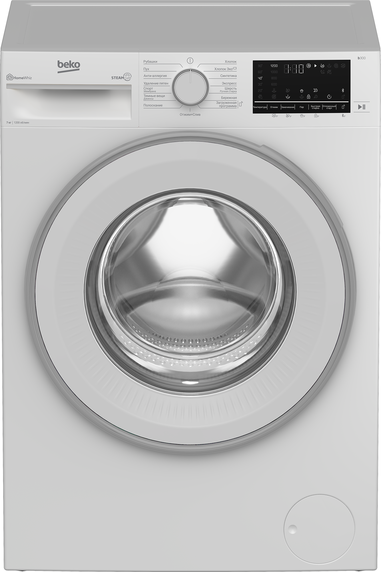 Beko B3WFR572WW вид спереди белый корпус и панель управления с программами