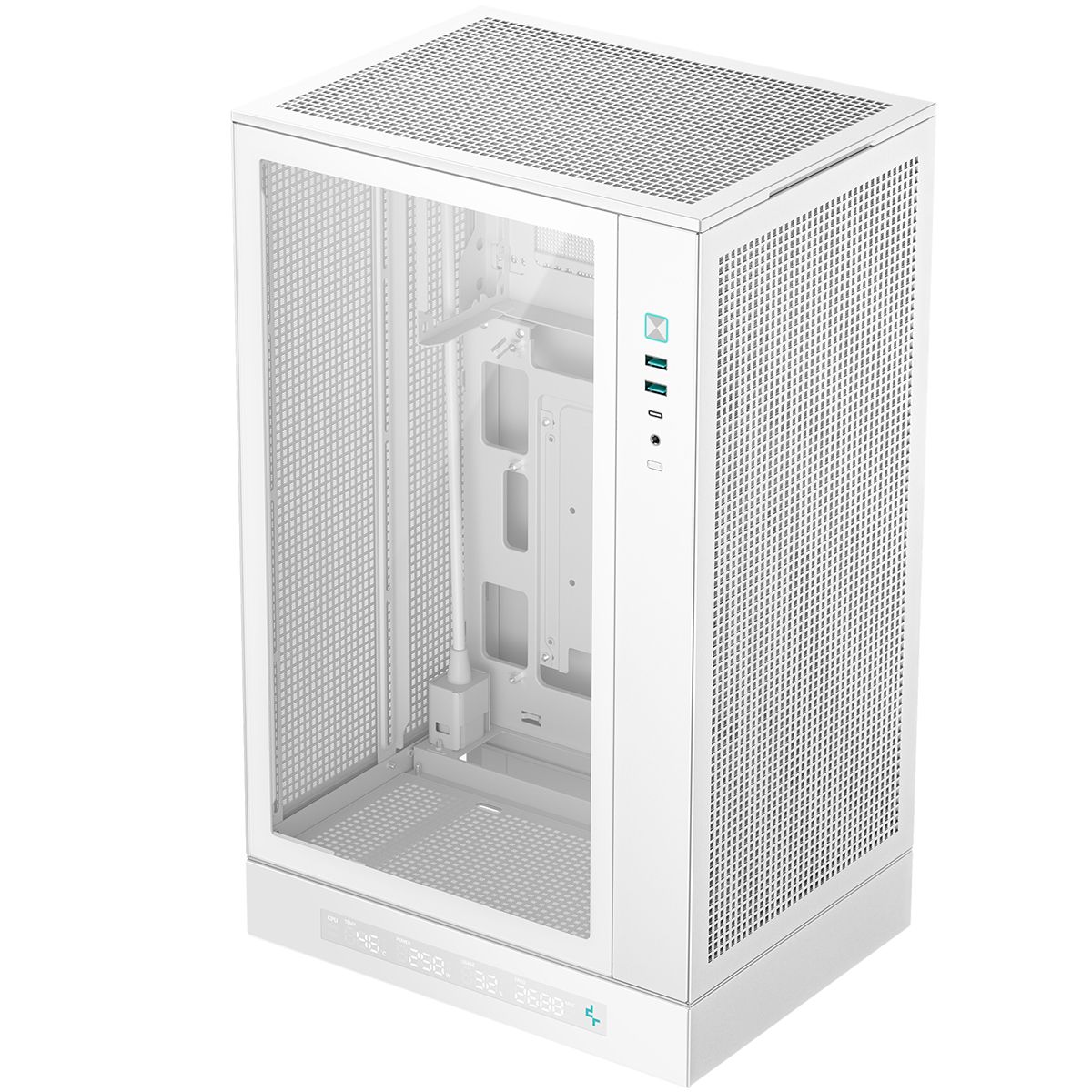 DeepCool CH270 DIGITAL WH белый корпус вид спереди в 3/4 — перфорированная металлическая передняя панель и боковое стекло