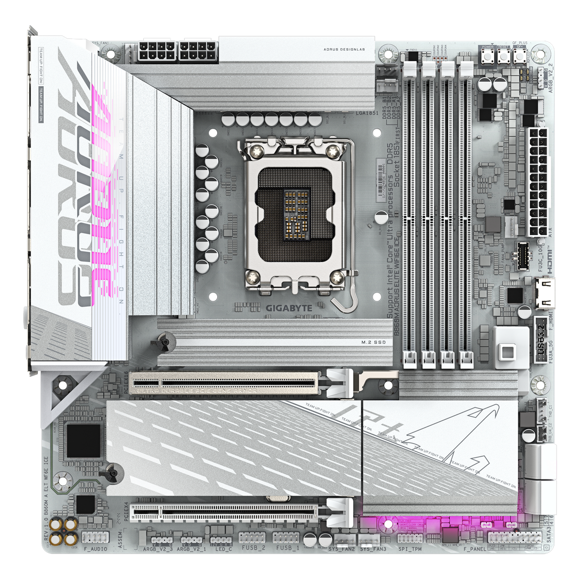 Gigabyte B860M Aorus Elite WiFi6E Ice вид сверху — сокет LGA1851, слоты DDR5, разъёмы M.2 и радиаторы