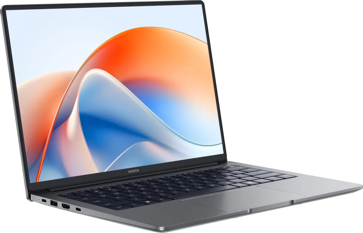 Honor MagicBook X14 Plus Core 5 220H вид спереди под углом с активным экраном и портами