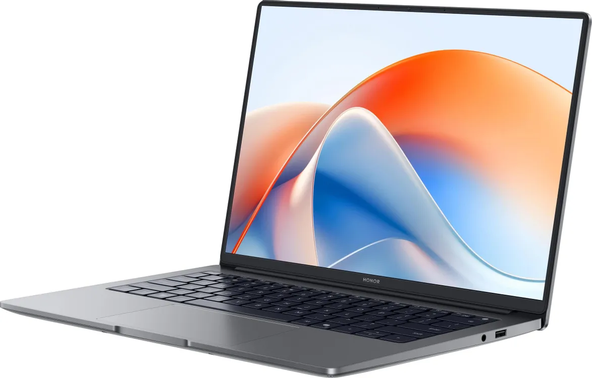 Honor MagicBook X14 Plus Core 5 220H вид сбоку тонкий алюминиевый корпус серебристого цвета