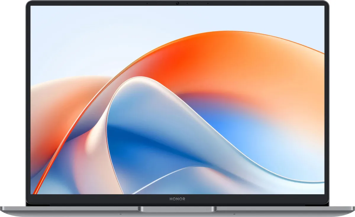 Honor MagicBook X14 Plus Core 5 220H фронтальный вид с тонкими рамками и экраном с ярким контентом