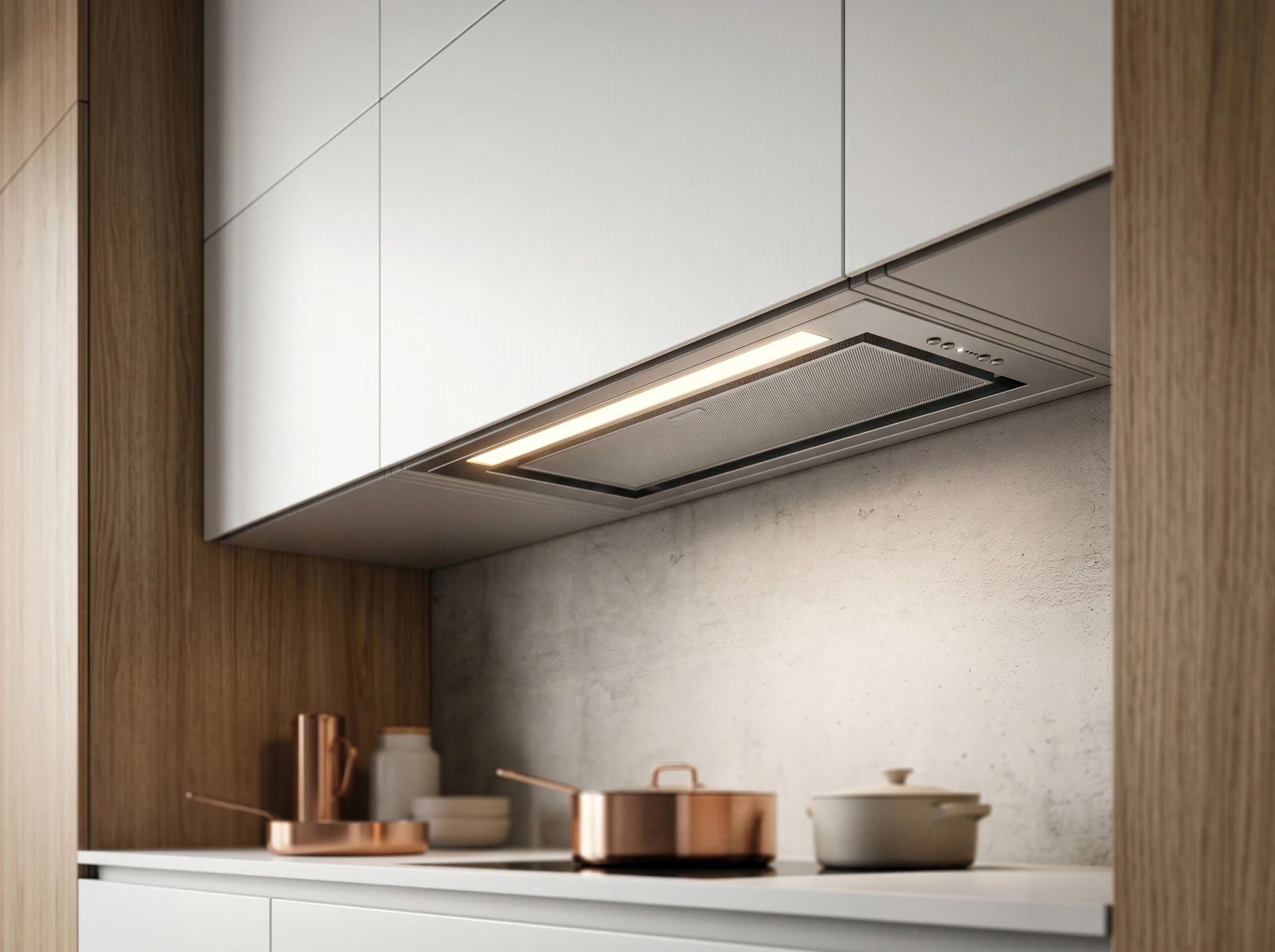 Elica Hidden Advance IX/A/52 в интерьере кухни — вытяжка скрыта в шкафу, рабочая зона без видимой техники