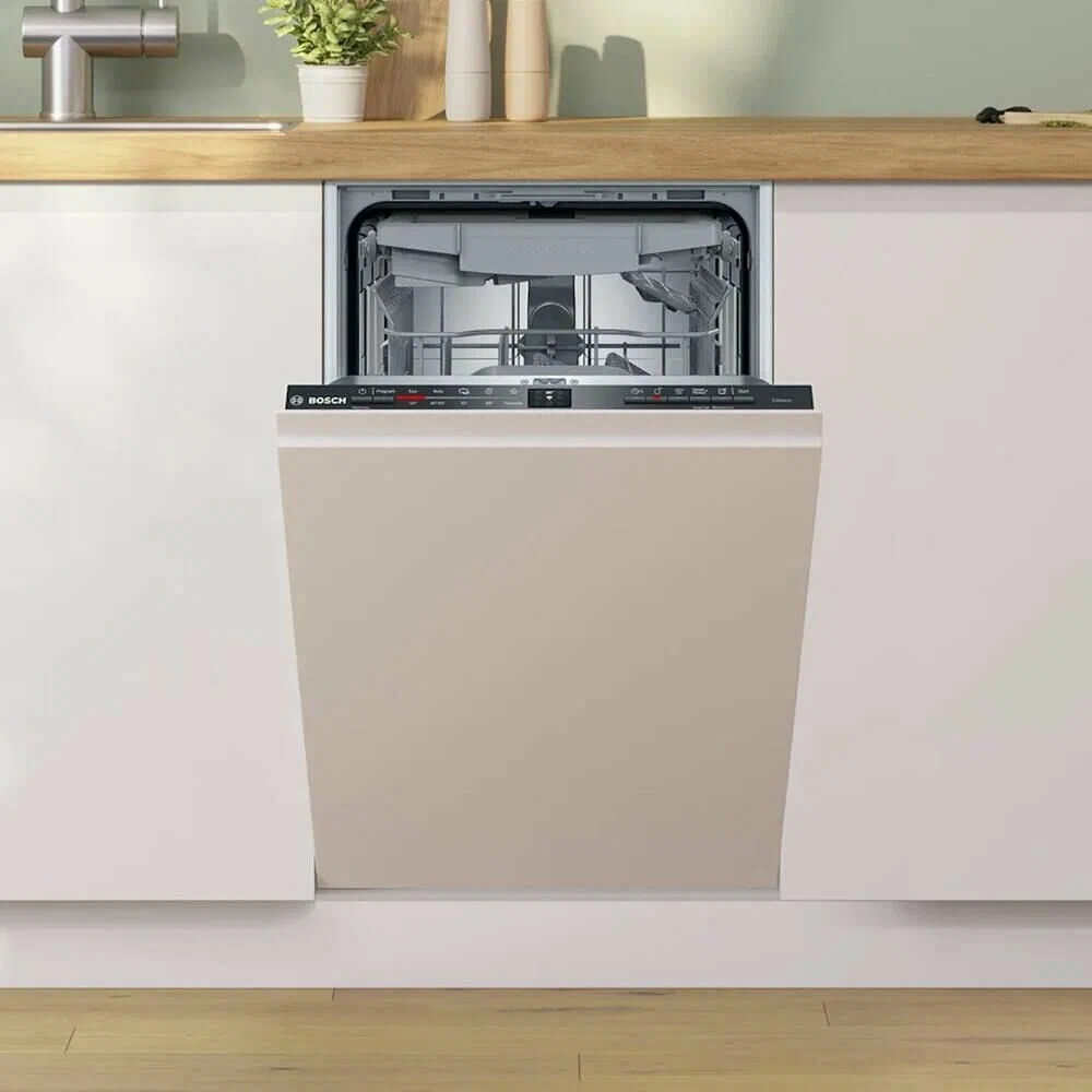 Bosch SPV2HMX42E встраиваемая посудомоечная машина узкая 45 см вид спереди с открытой дверцей
