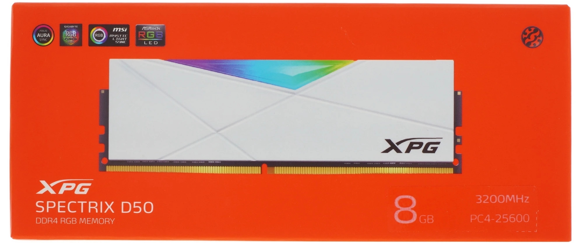 Упаковка ADATA XPG Spectrix D50 DDR4 8GB 3200MHz PC4-25600 с логотипами совместимости GIGABYTE MSI ASRock