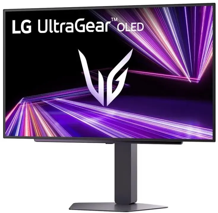 LG 27GX704A-B UltraGear OLED вид спереди и сбоку на подставке дизайн корпуса