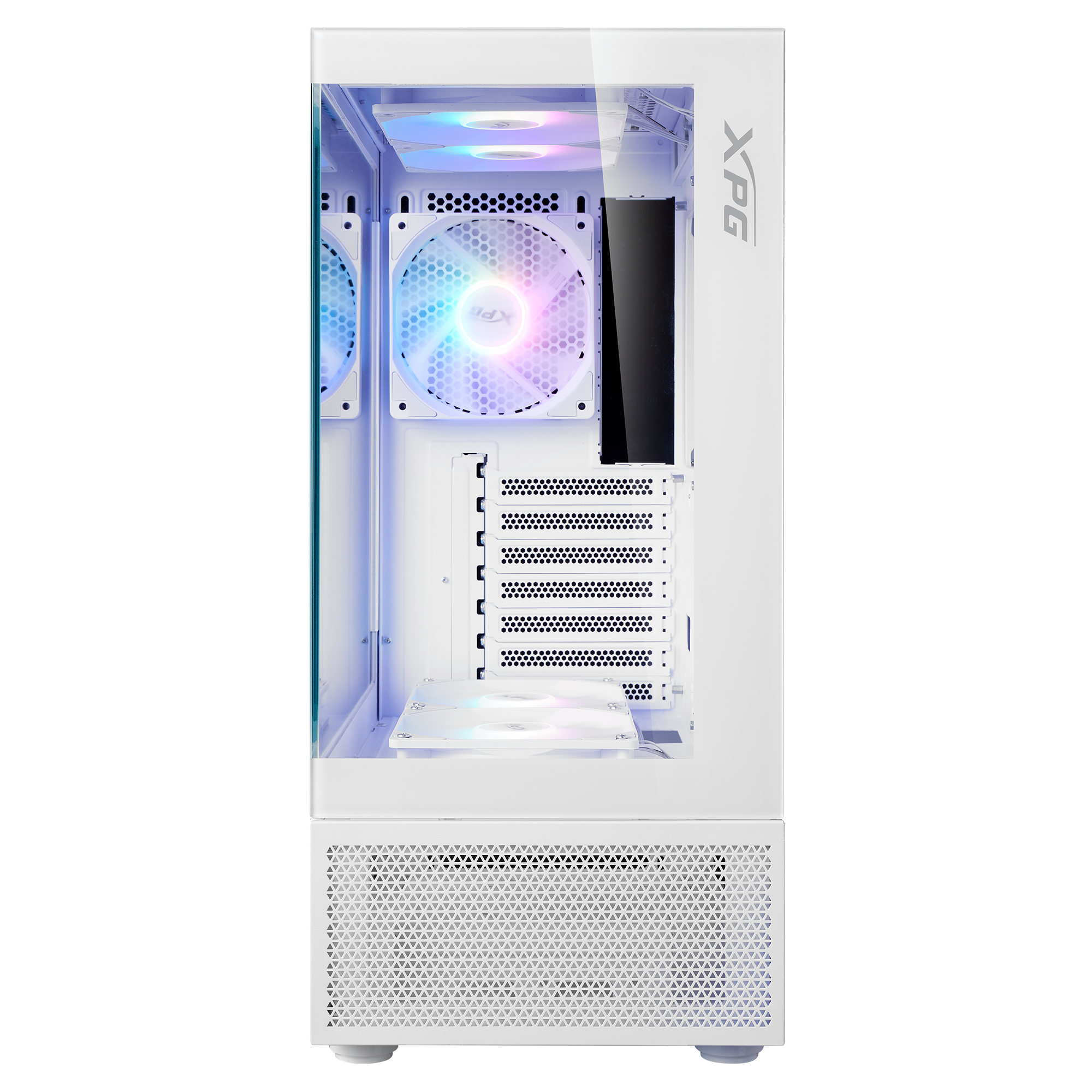 ADATA XPG INVADER X MINI — фронтальный вид, ARGB вентиляторы и вентиляционная сетка снизу