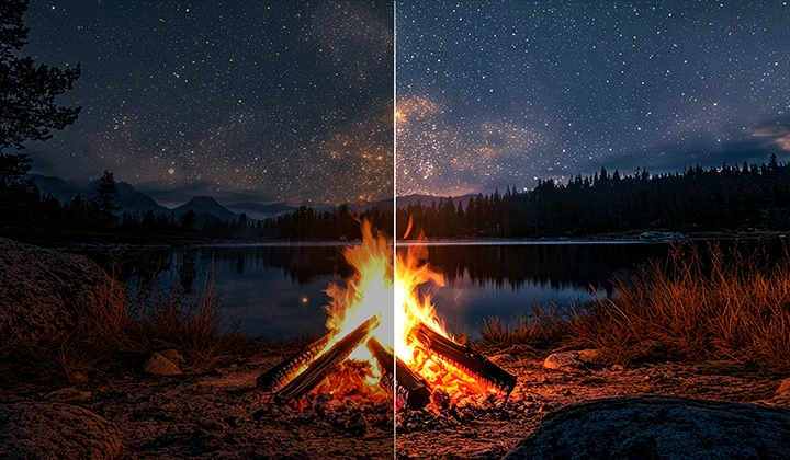 Сцена запуска ракеты — сравнение с Brightness Booster Ultimate и без: яркая чёткая половина против тёмной выцветшей