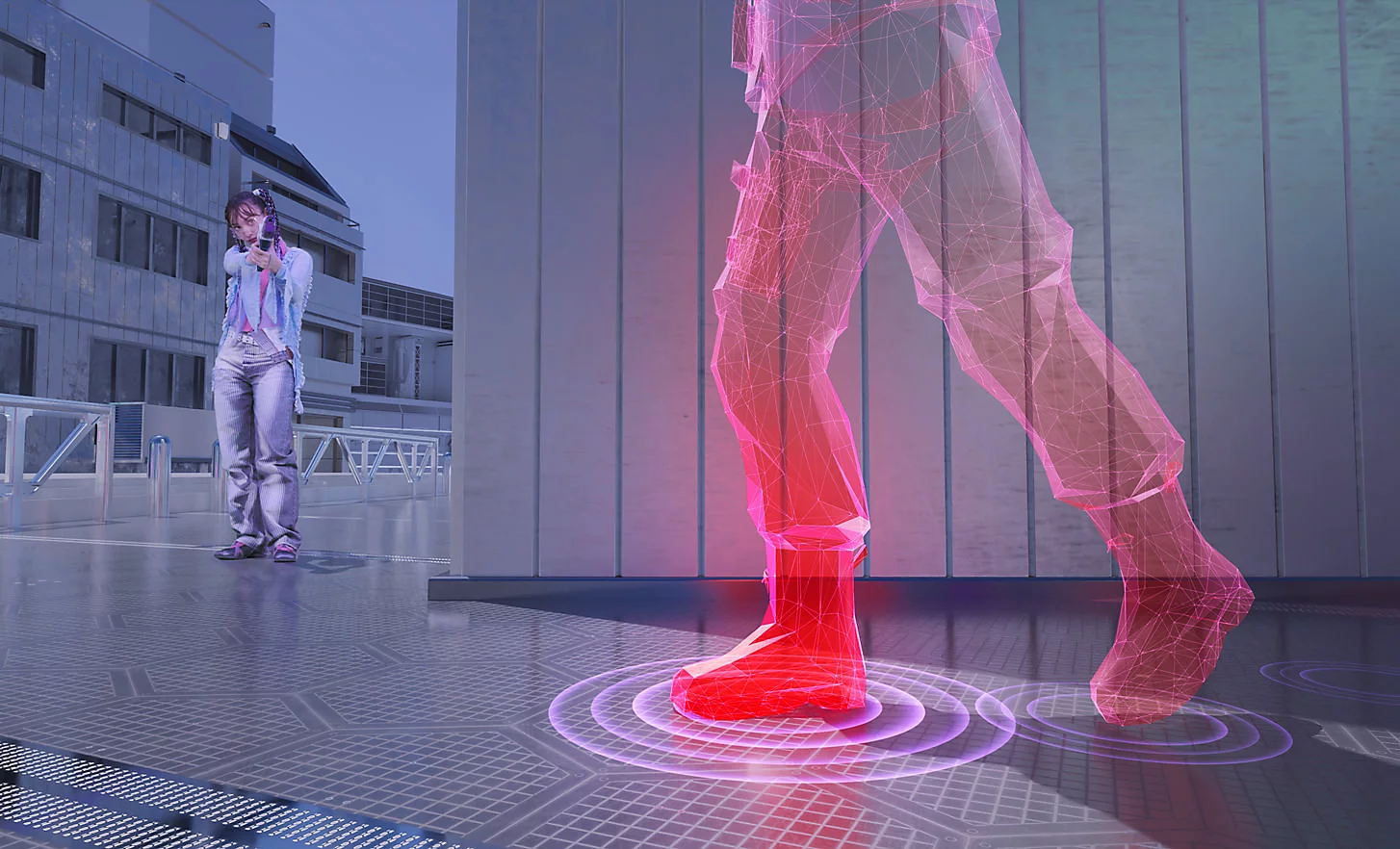 Человек с пластиковым пистолетом в мире компьютерной игры целится в 3D-модель с кольцами вокруг ноги для имитации звука