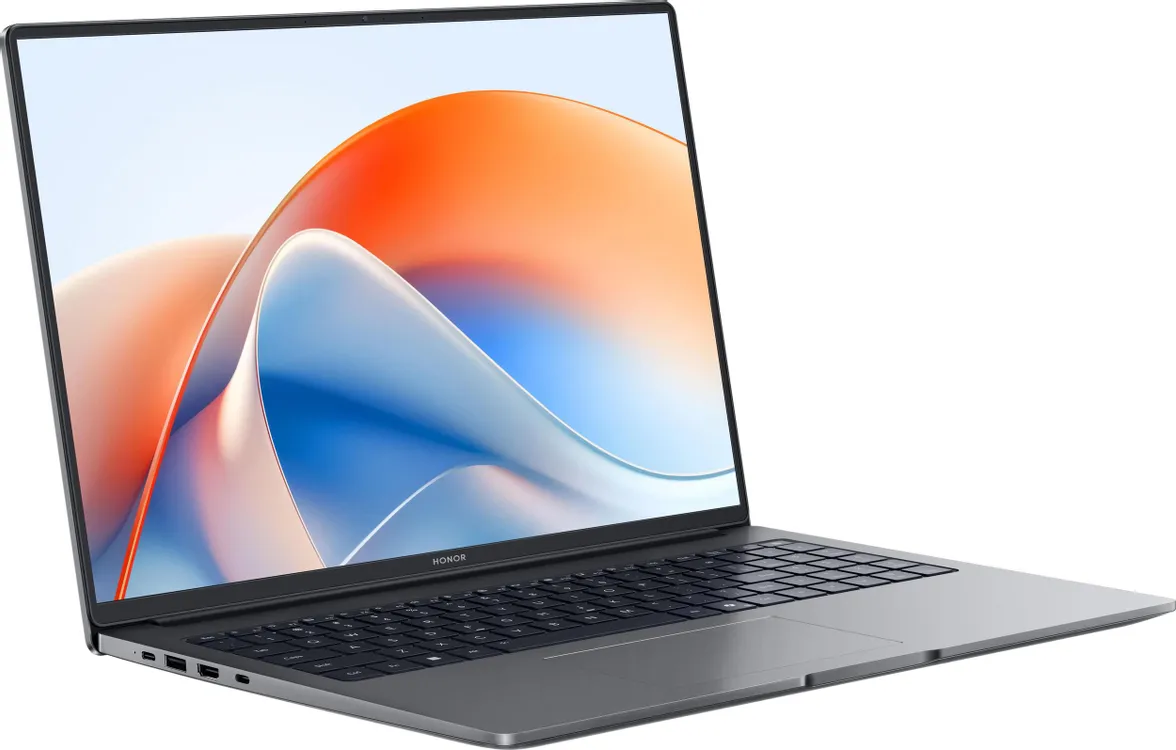 Honor MagicBook X16 Plus боковые порты и экран с фирменной заставкой, вид под углом