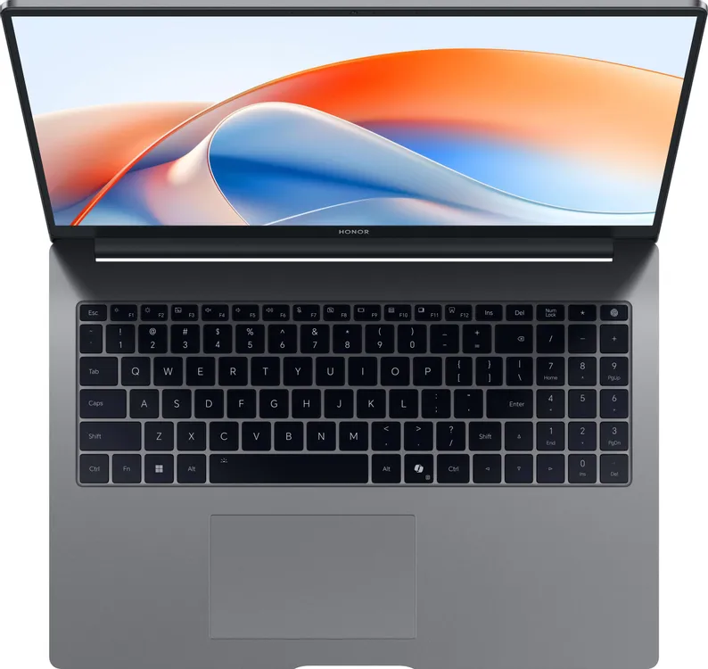 Honor MagicBook X16 Plus клавиатура с подсветкой и тачпад, алюминиевый корпус серого цвета, вид сверху