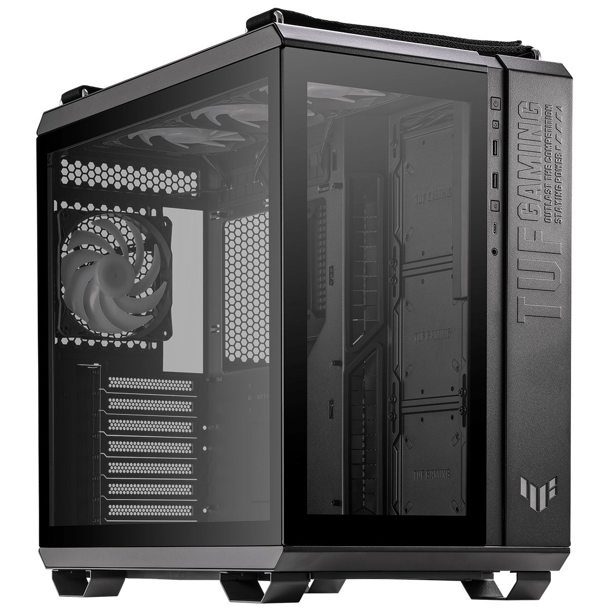 ASUS TUF Gaming GT502 PLUS вид спереди — внутренняя компоновка с кулером, видеокартой и отсеками накопителей