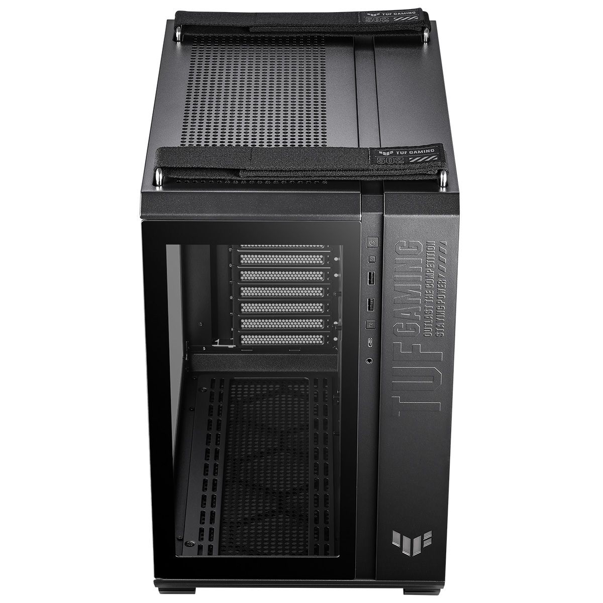ASUS TUF Gaming GT502 PLUS вид сверху — вентиляционная сетка, порты передней панели USB Type-C и Type-A