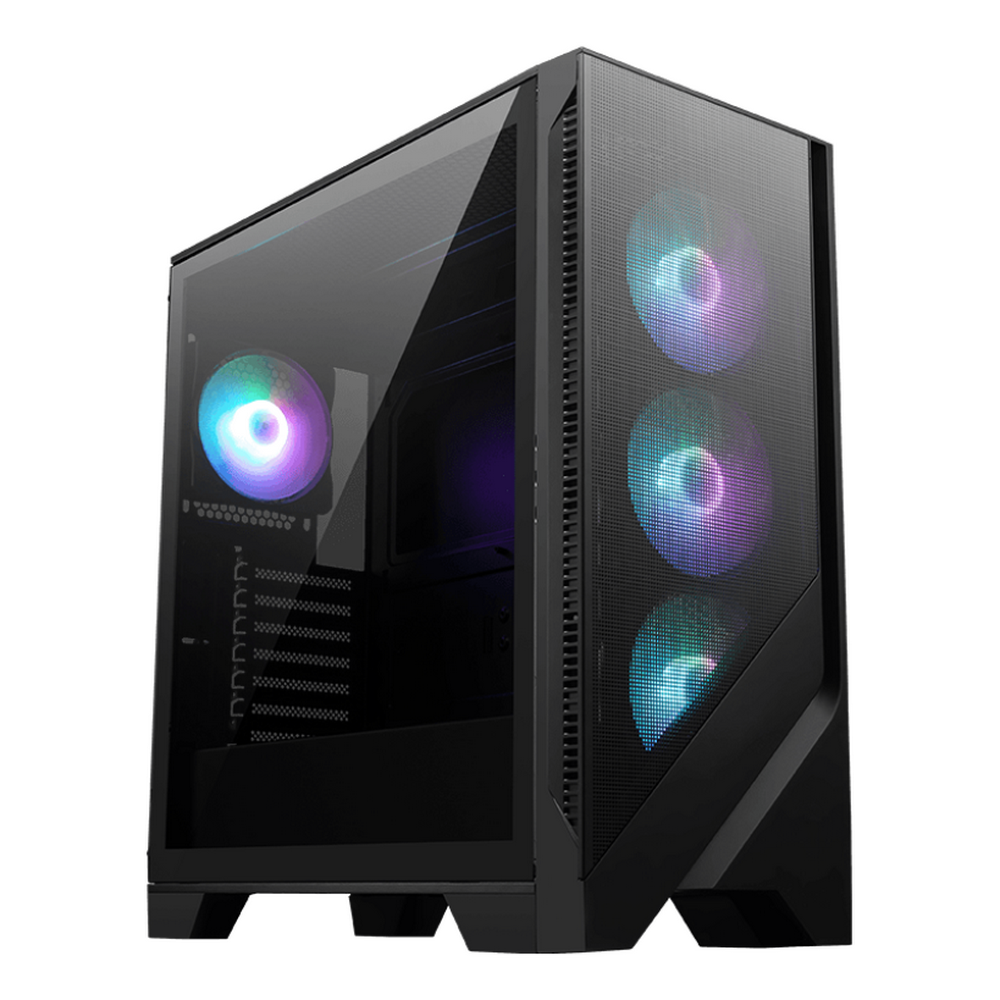 MSI MAG FORGE 321R AIRFLOW корпус с боковым стеклом и тремя RGB-вентиляторами, вид спереди и сбоку