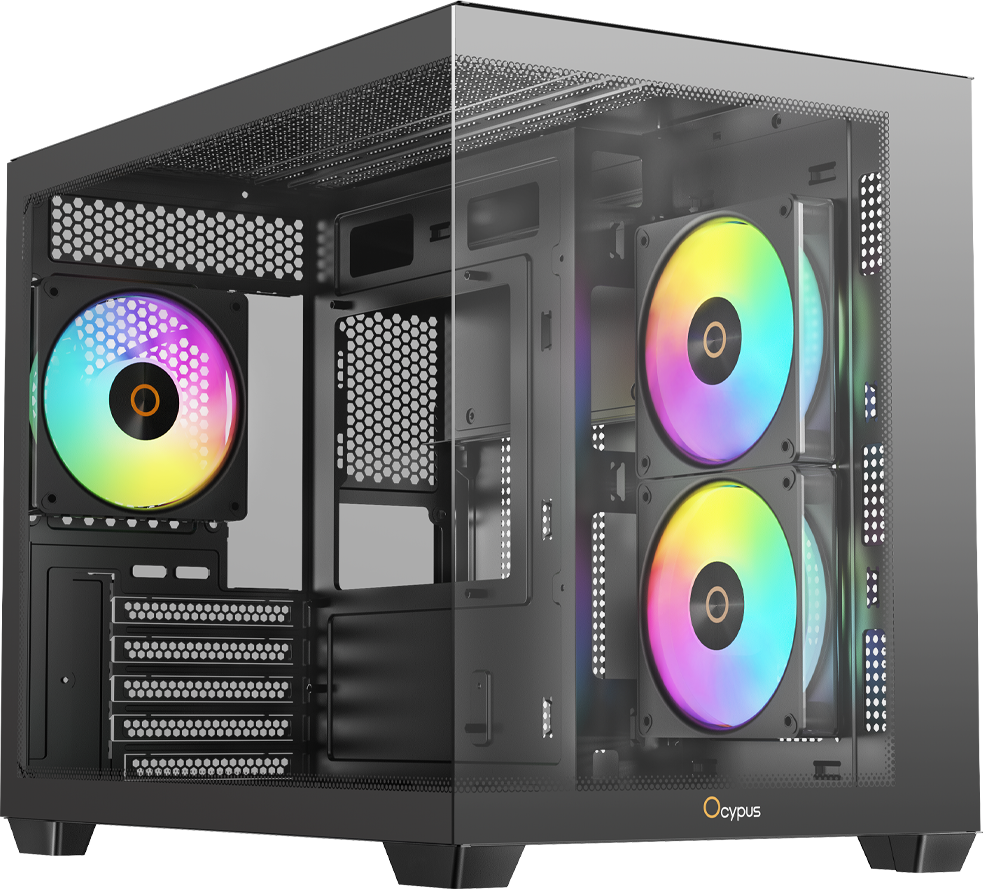 Ocypus Gamma C54 ARGB угловой вид с RGB-вентиляторами и открытой боковой стеклянной панелью
