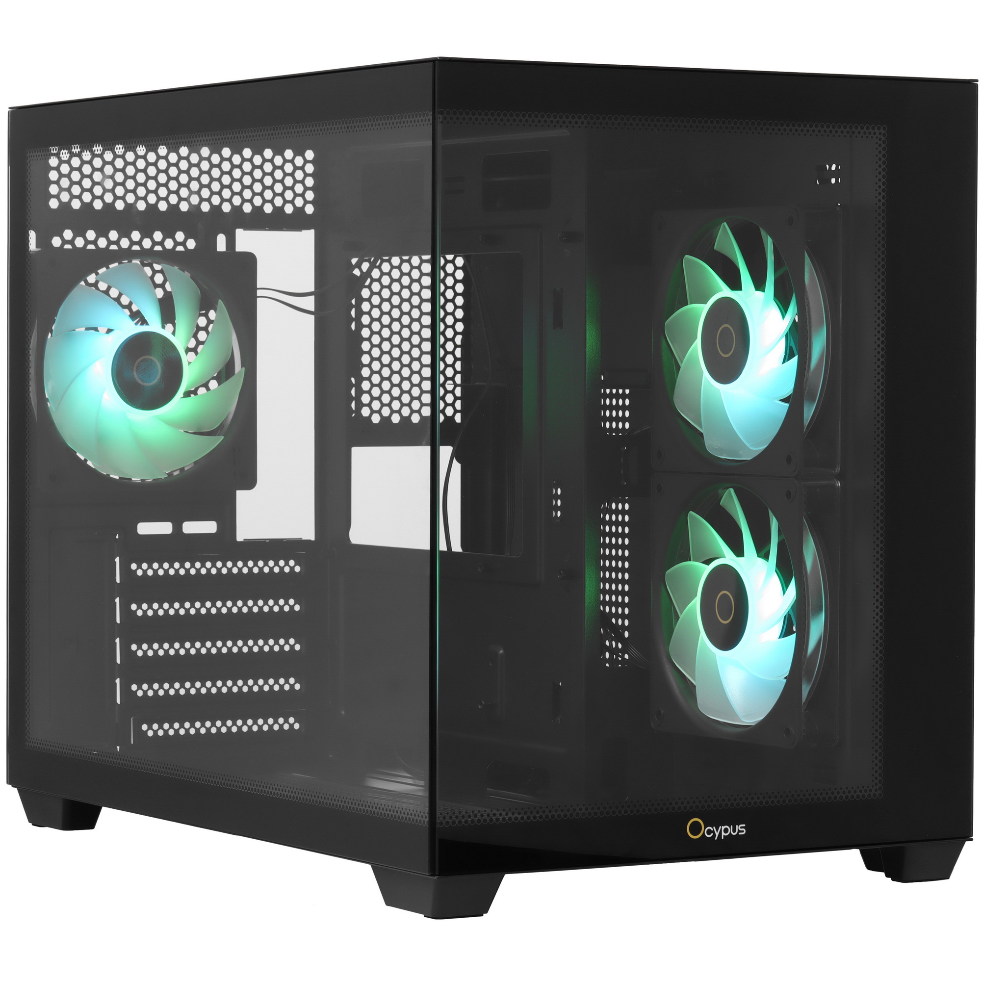 Ocypus Gamma C54 ARGB корпус общий вид спереди с открытой боковой панелью и ARGB-подсветкой