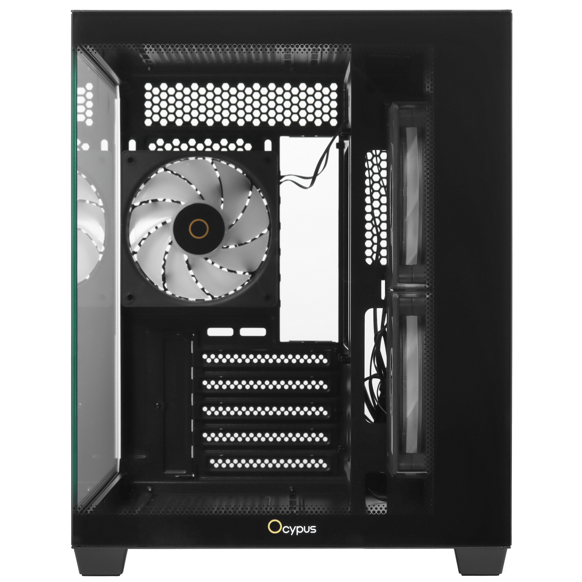 Ocypus Gamma C54 ARGB внутренняя компоновка с открытой левой панелью, отсеки расширения и кабельное управление