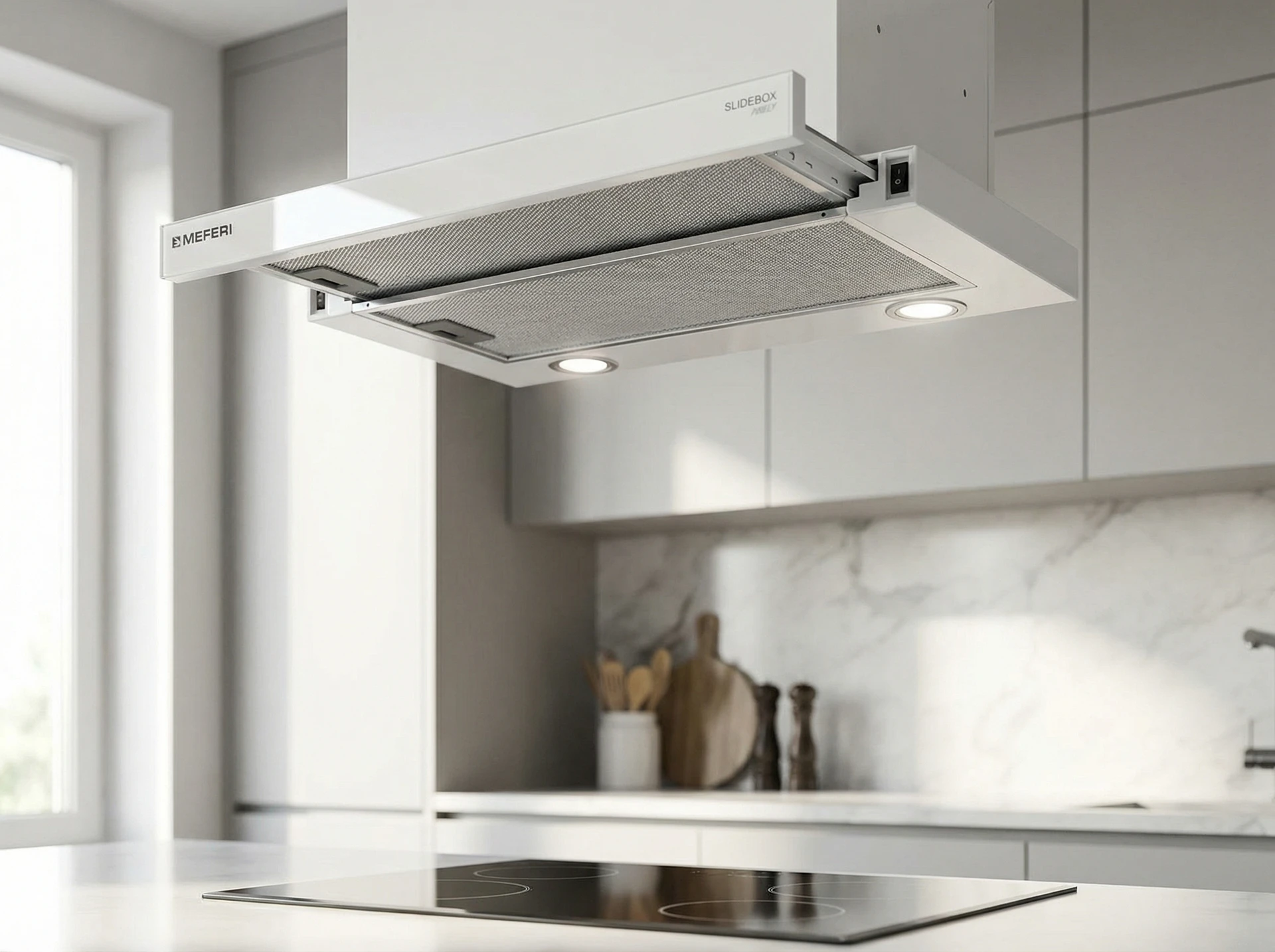 Meferi Glass Ultra SlideBox60WH встроенная в кухонный гарнитур &mdash; вид в интерьере