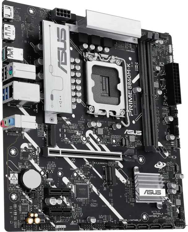 ASUS Prime B860M-K вид сверху — слоты DDR5, сокет LGA 1851, разъёмы USB и аудио на задней панели