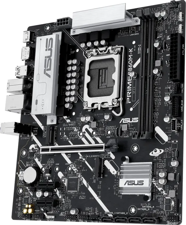 ASUS Prime B860M-K вертикальный вид — порты задней панели, радиаторы VRM и чипсета, слот PCIe 4.0 x16