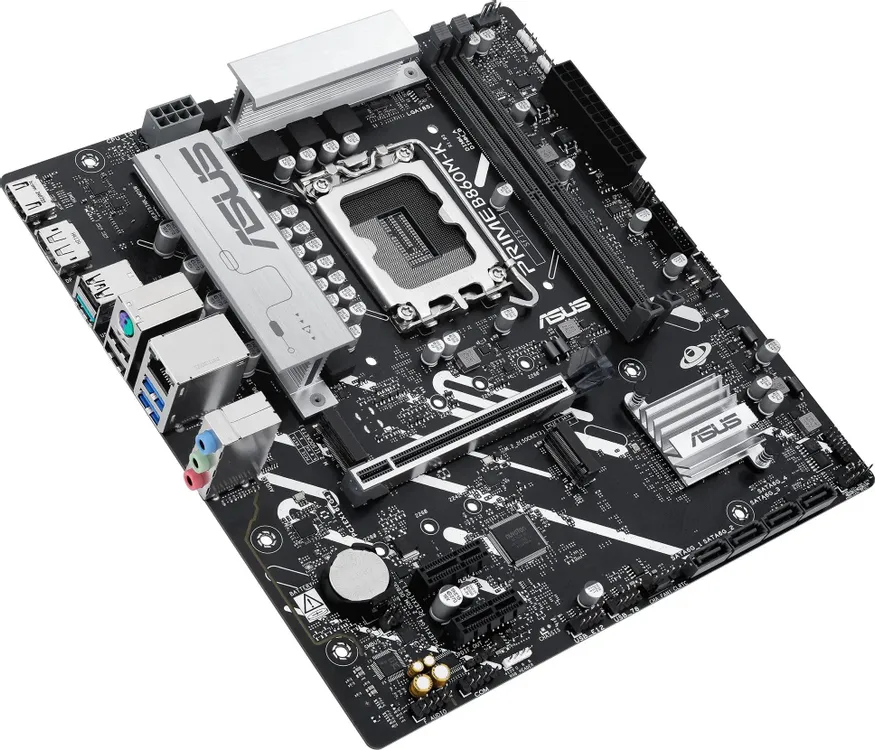 ASUS Prime B860M-K общий вид компоновки платы mATX с портами, сокетом LGA 1851 и слотами памяти DDR5