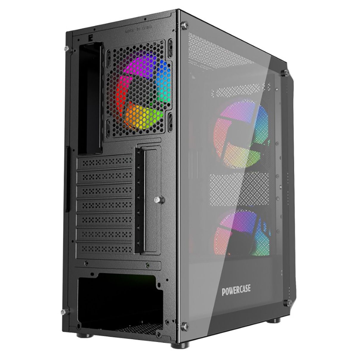 Powercase Mistral Edge SE CMSEB-A3 — вид сбоку через закалённое стекло, внутренняя компоновка и ARGB-подсветка