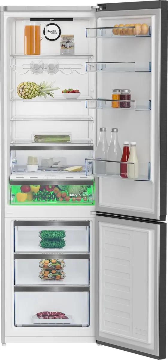 Beko B5RCNK403ZXBR холодильник антрацит открытые дверцы полки с продуктами морозильная камера снизу