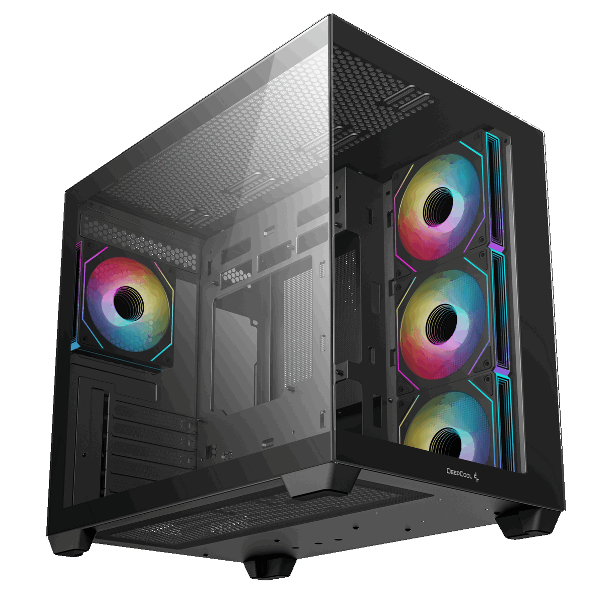 DeepCool CG530 4F угловой вид с тремя ARGB-вентиляторами и стеклянной боковой панелью