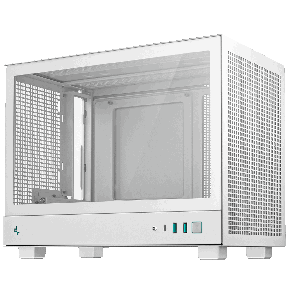 DeepCool CH160 белый корпус Mini-ITX вид спереди с открытой стеклянной панелью
