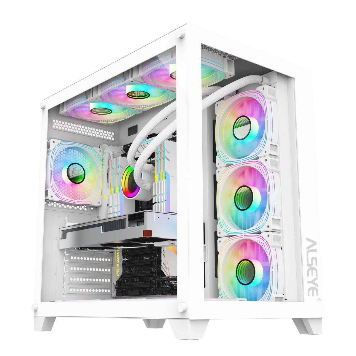 Alseye Knight-W белый корпус вид спереди и сбоку с RGB-подсветкой вентиляторов