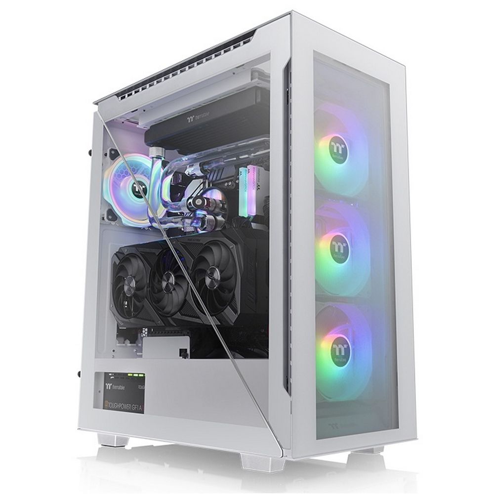 Thermaltake Divider 500 TG Snow ARGB вид спереди с ARGB-подсветкой вентиляторов