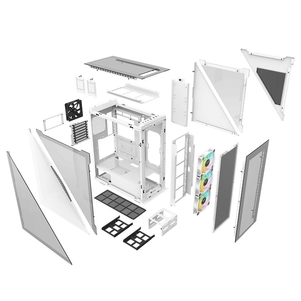 Thermaltake Divider 500 TG Snow ARGB разобранный — боковые стёкла, фильтры, вентиляторы и каркас
