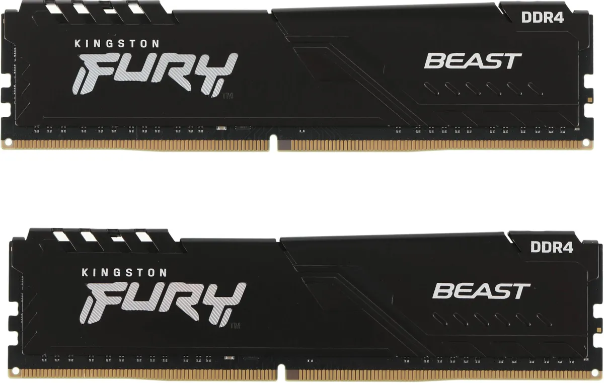 Kingston Fury Beast DDR4 KF436C18BBK2/32 два модуля чёрный радиатор вид спереди