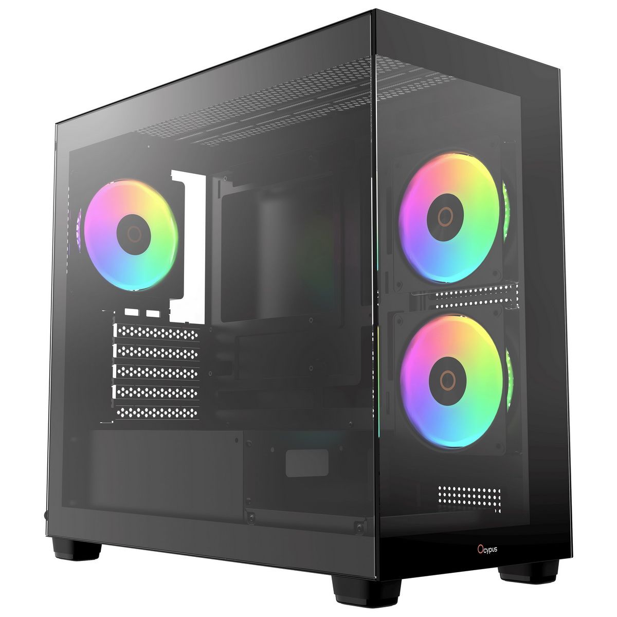 Ocypus Gamma C52 ARGB угловой вид с RGB вентиляторами и боковым закалённым стеклом