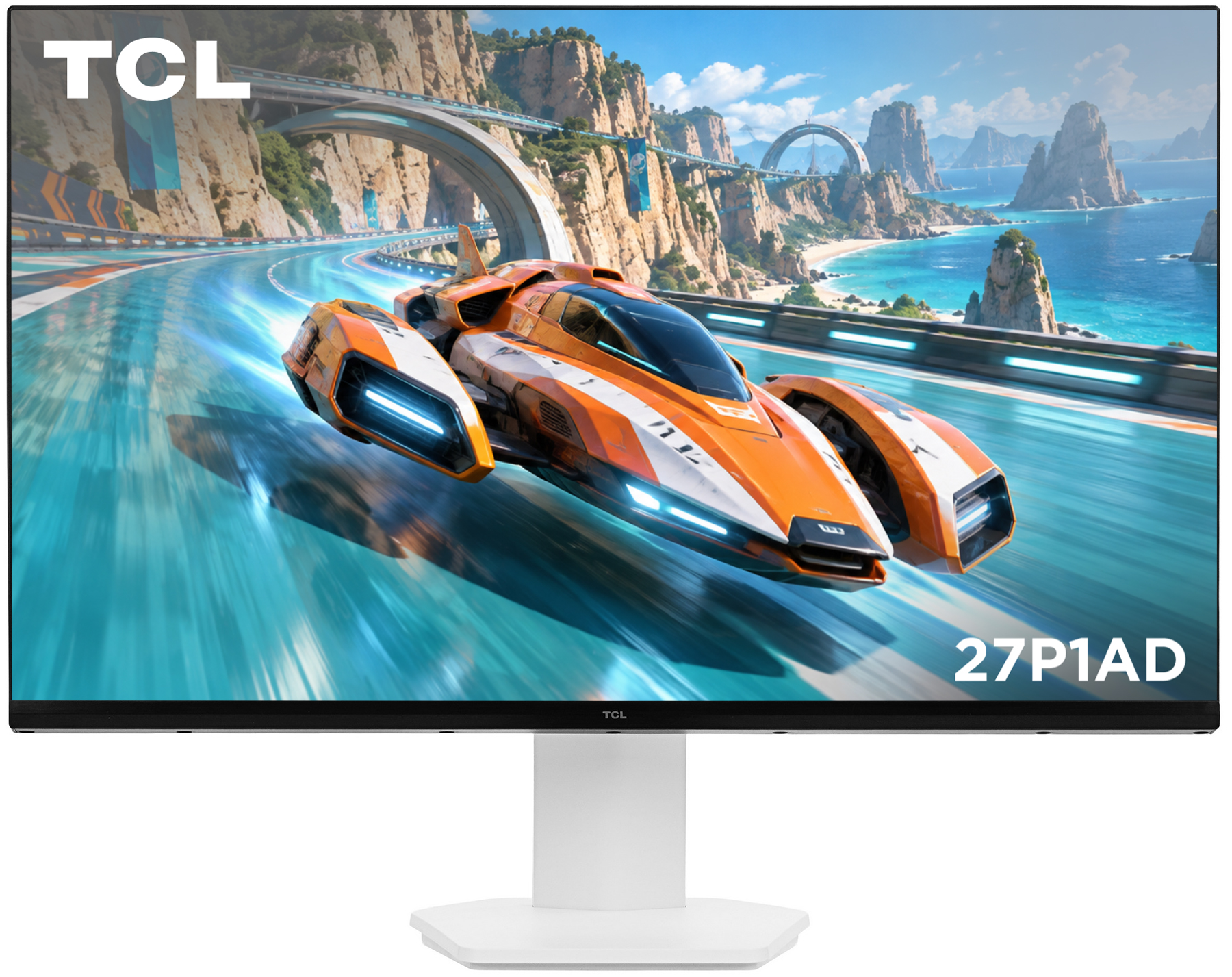 TCL 27P1AD монитор 27 дюймов вид спереди с игровым контентом гоночные автомобили на экране