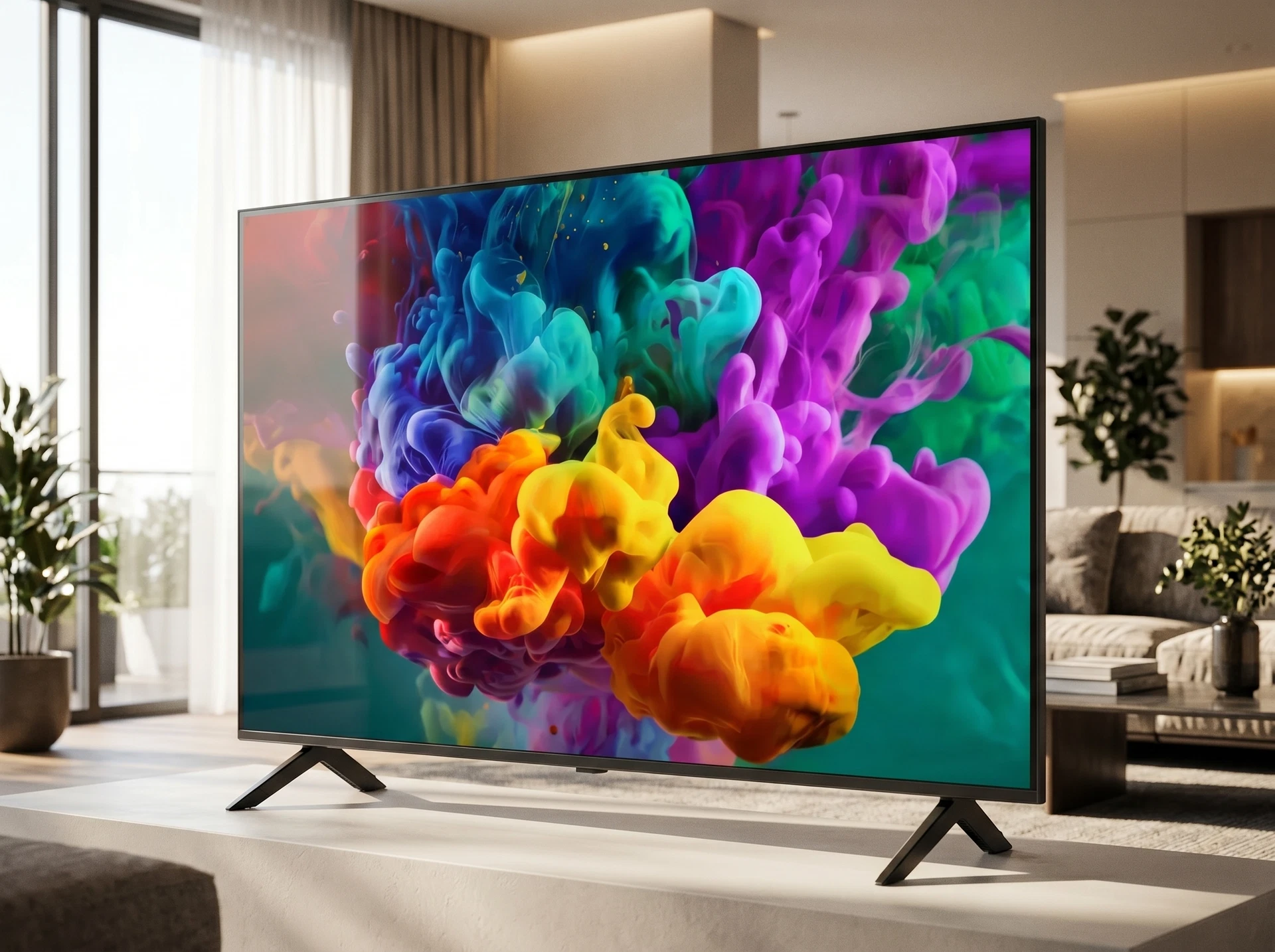LG 75QNED85B6C в интерьере гостиной, Mini LED телевизор 75 дюймов на стене